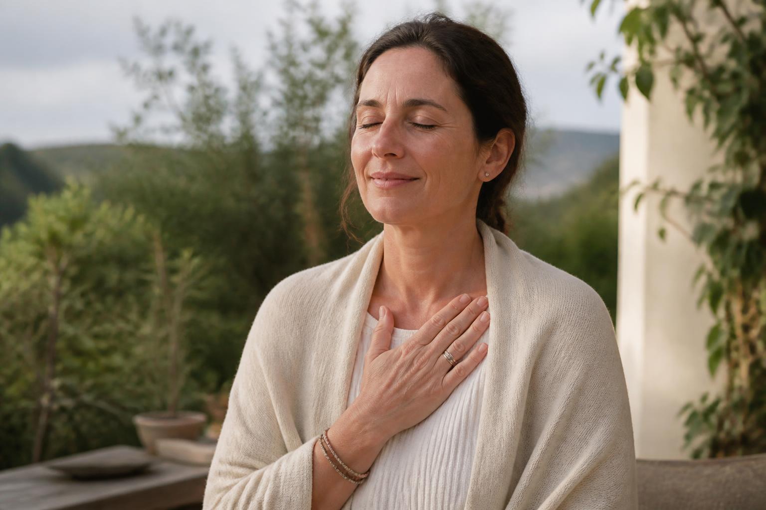 Holistic life coaching for women — a woman in peaceful reflection outdoors during her mindset and personal growth journey
