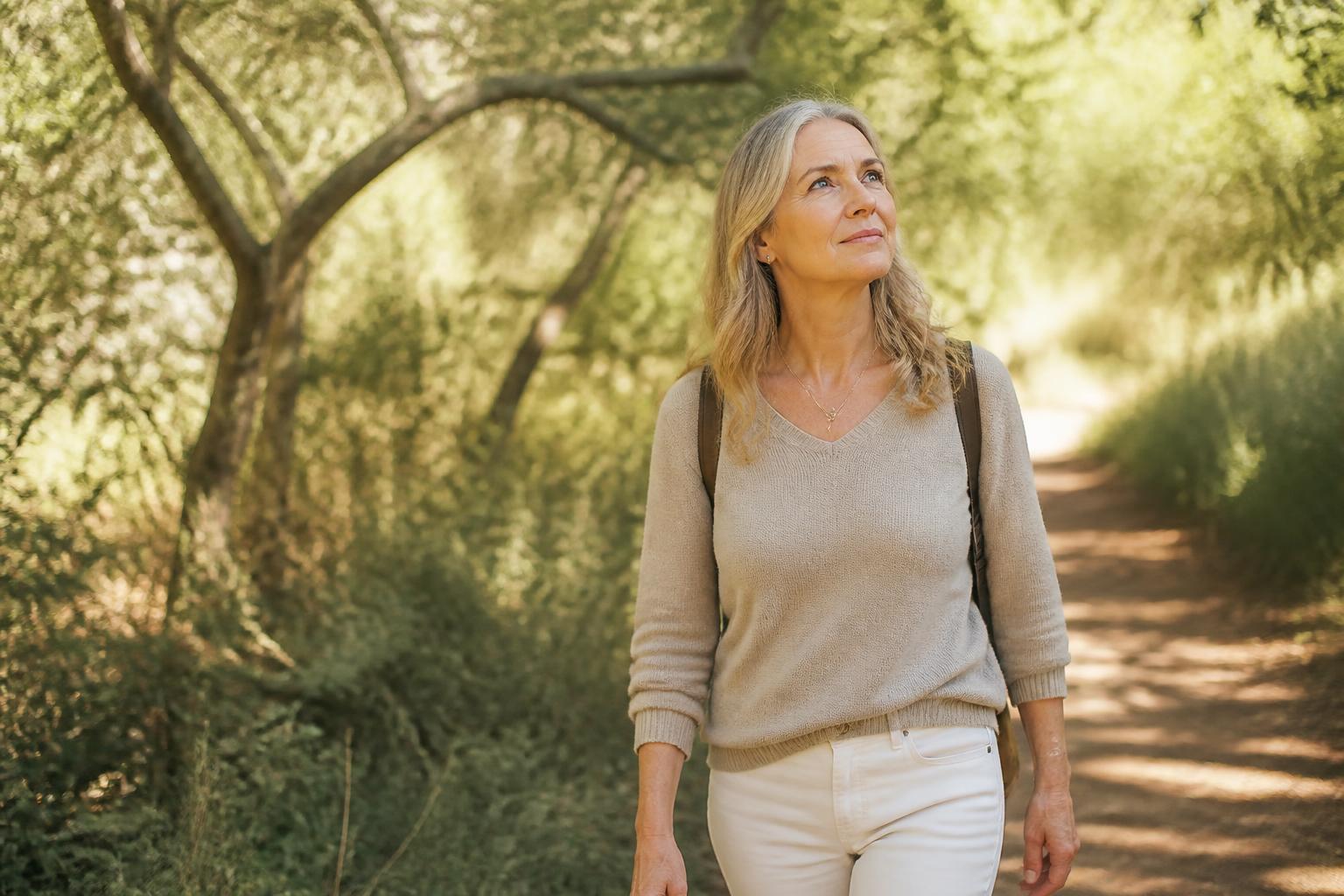Confidence coaching for women — a woman walking a sunlit nature path, calm and reflective on her personal growth journey